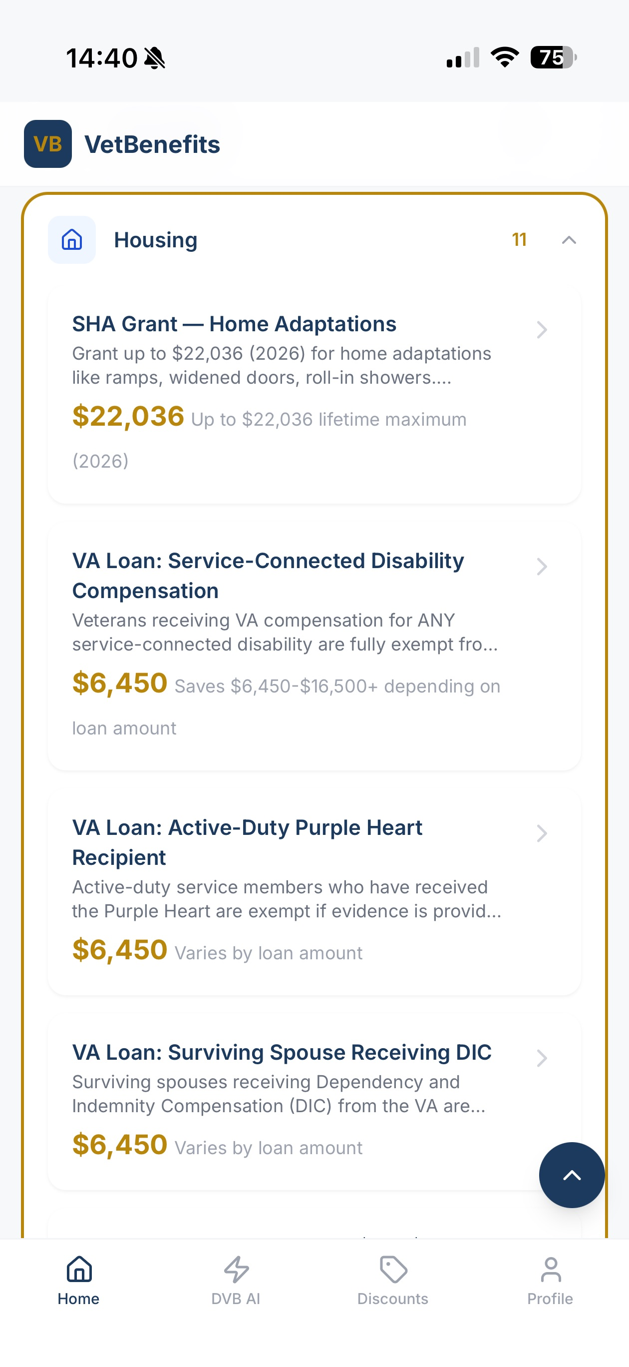 VetBenefits housing benefits showing SHA Grant, SAH Grant, and VA Loan programs with dollar values