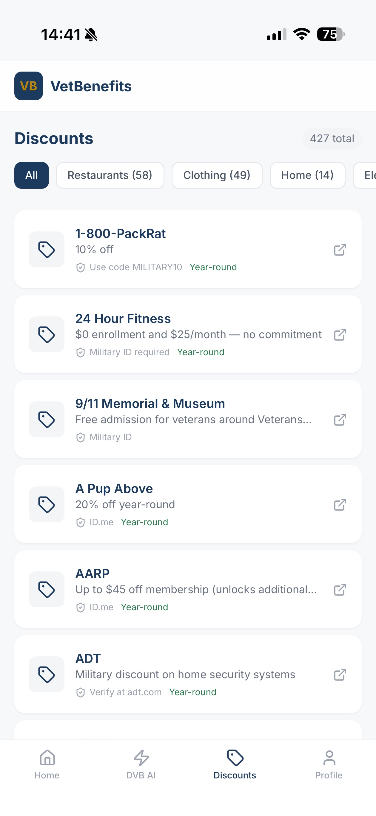 VetBenefits military discount directory showing 427+ total discounts across restaurants, clothing, home categories