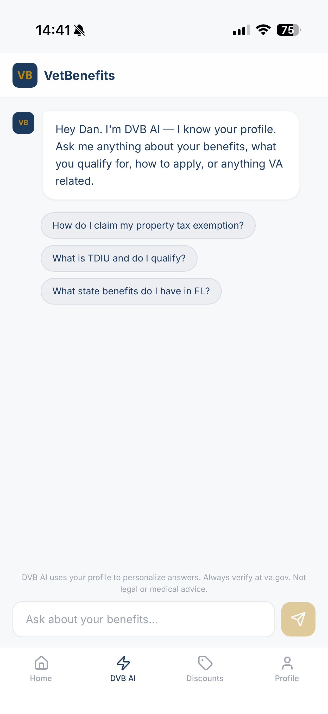 DVB AI chat assistant greeting a veteran with personalized benefit questions about property tax exemptions, TDIU eligibility, and state benefits